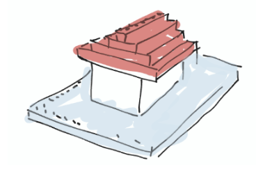 A loose hand sketch of a simple station: a white box with a stepped red roof on a pale blue base.