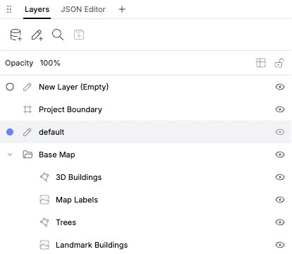 Layers: project boundary, base map, 3D buildings, trees, landmark buildings
