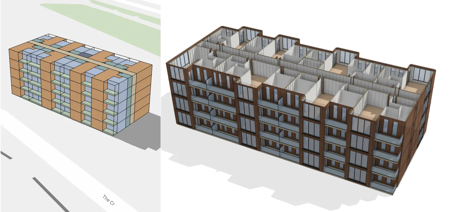 The block massed on the map, and beside it the same block with its facade systems, rooms and balconies built out