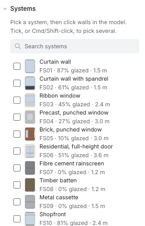Facade systems: curtain wall, ribbon window, precast, brick, rainscreen, timber batten and more, each with its glazing ratio and module