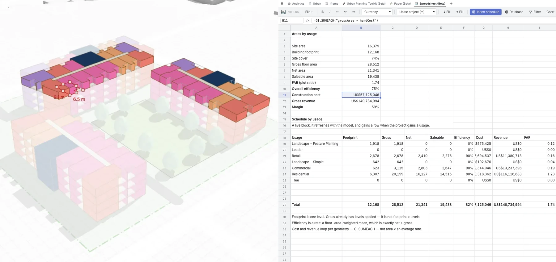 Two apartment blocks around a landscaped courtyard, coloured by unit type with one unit being drawn, and beside them the spreadsheet: areas, efficiency, cost, revenue and margin, and a schedule by usage