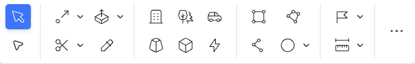 Drawing tools: select, line, extrude, building, trees, cars, rectangle, polygon, flag, measure