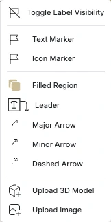 Annotation tools: text and icon markers, filled region, leader, major, minor and dashed arrows, upload 3D model or image
