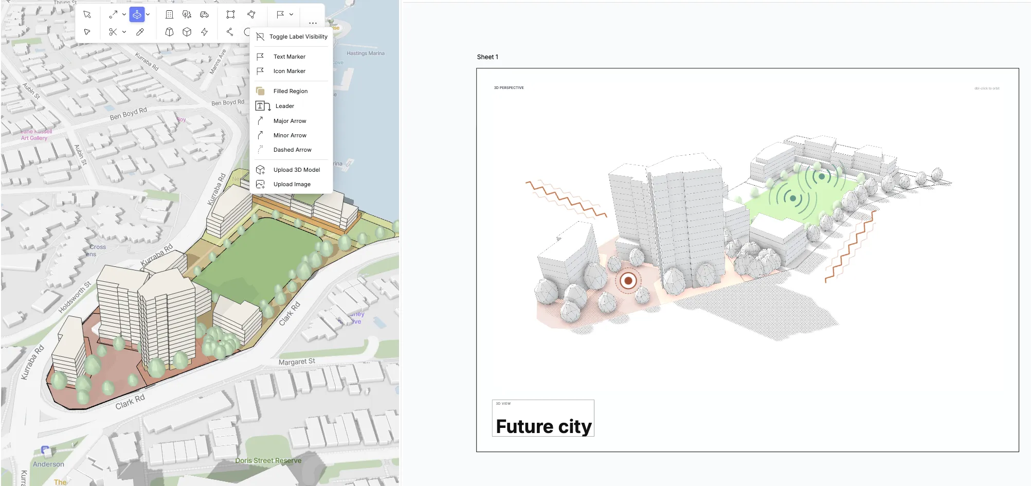 The development modelled on the map, and beside it an A3 sheet titled Future city drawn from the same model
