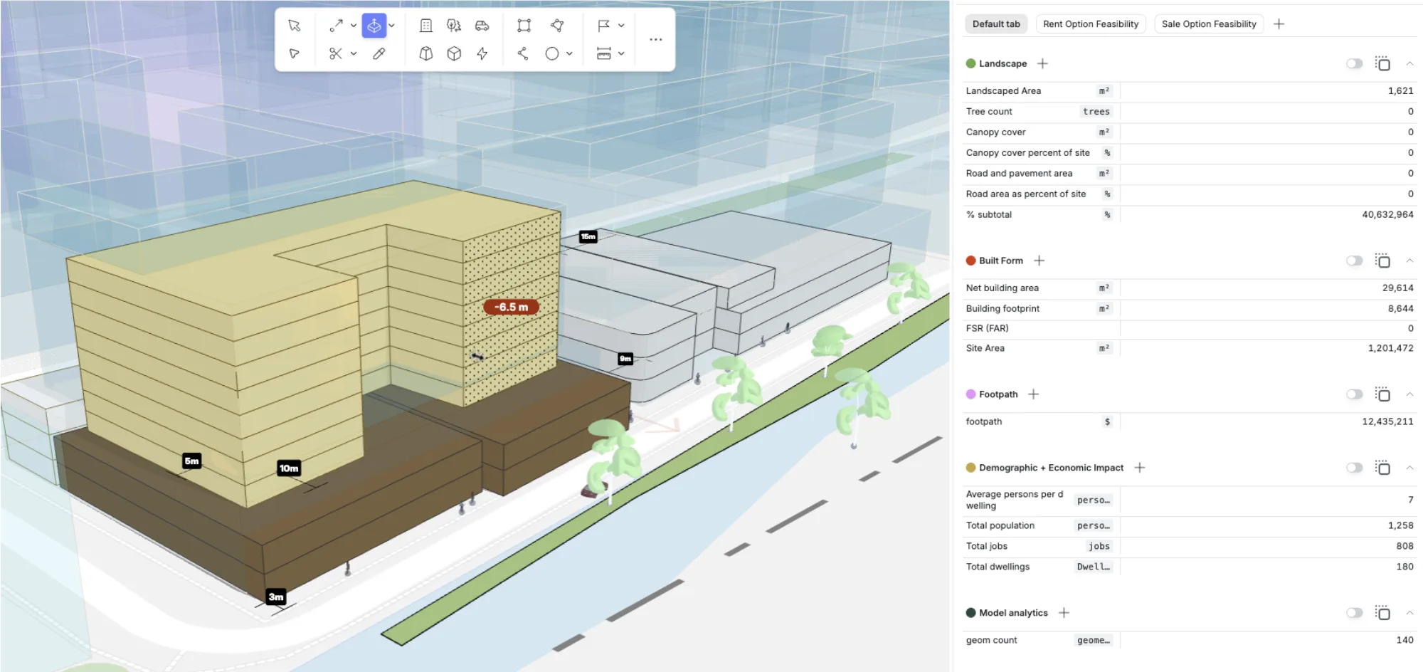 A block massed inside its planning envelope, with its floor area, population, jobs and dwellings