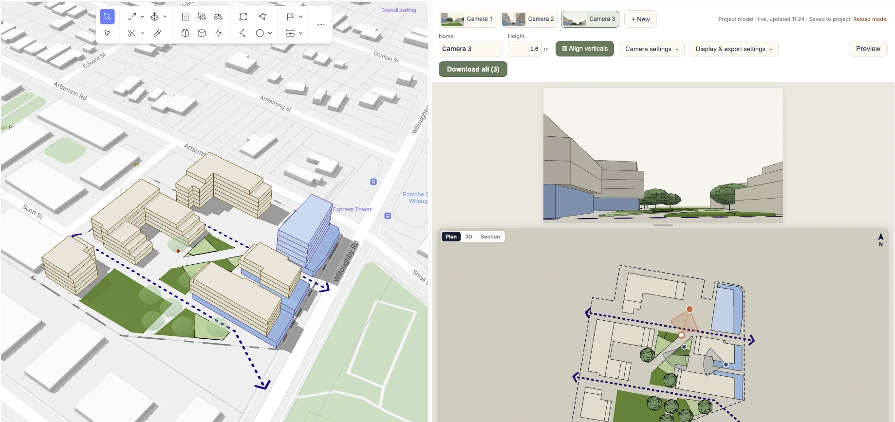 A precinct of residential blocks around open space, massed in 3D on the map