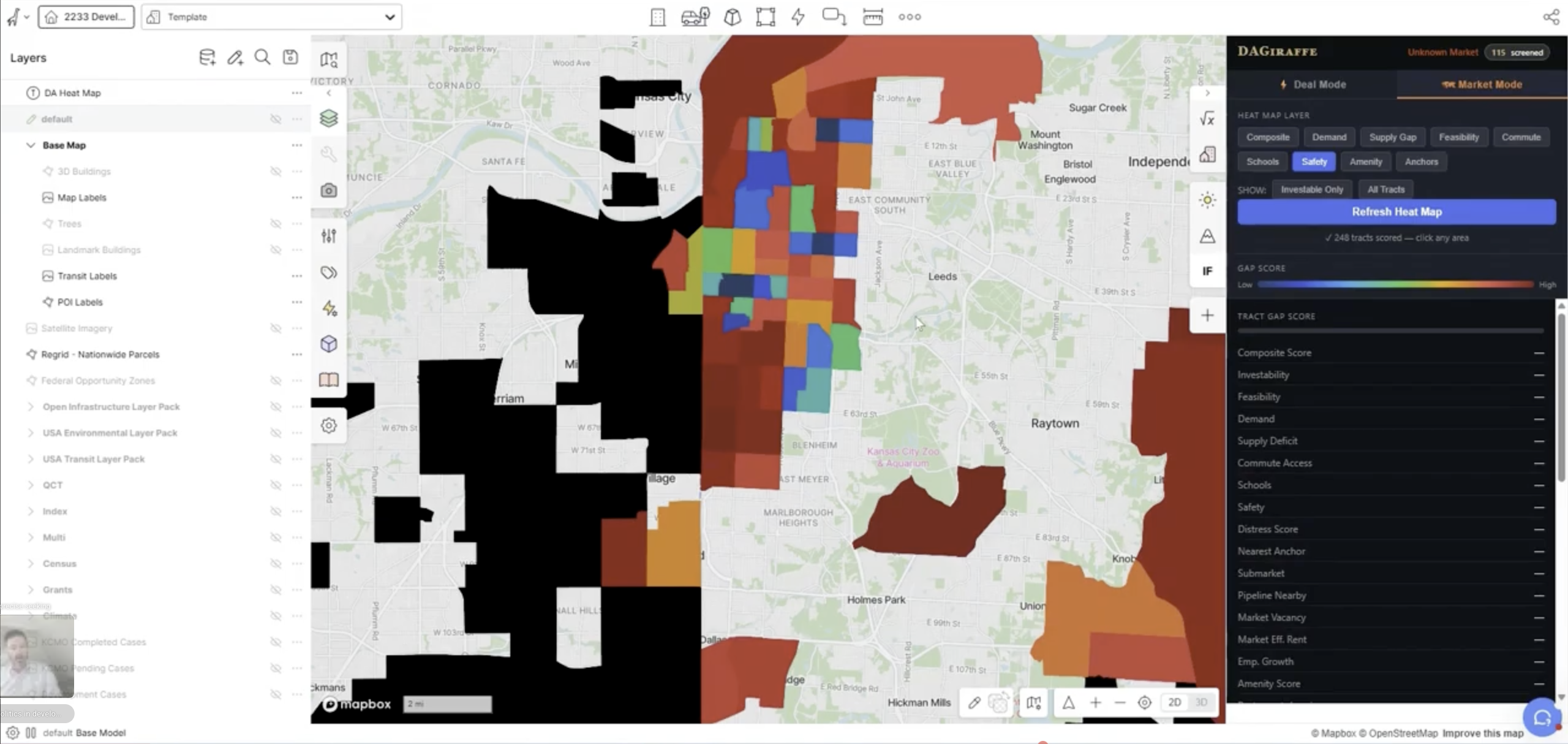 DA Giraffe Market Mode showing a census-tract heat map of Kansas City with 248 tracts scored. The right panel lists composite scores including Investability, Feasibility, Demand, Supply Deficit, Commute Access, Schools, Safety, Distress Score and more.