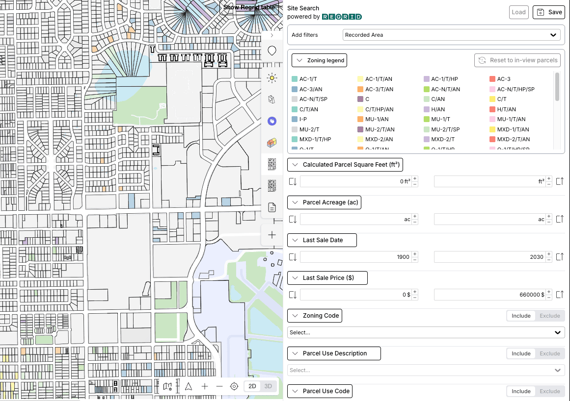 The Regrid integration, built on the SDK: parcels on the map with zoning, lot dimensions and land use beside them